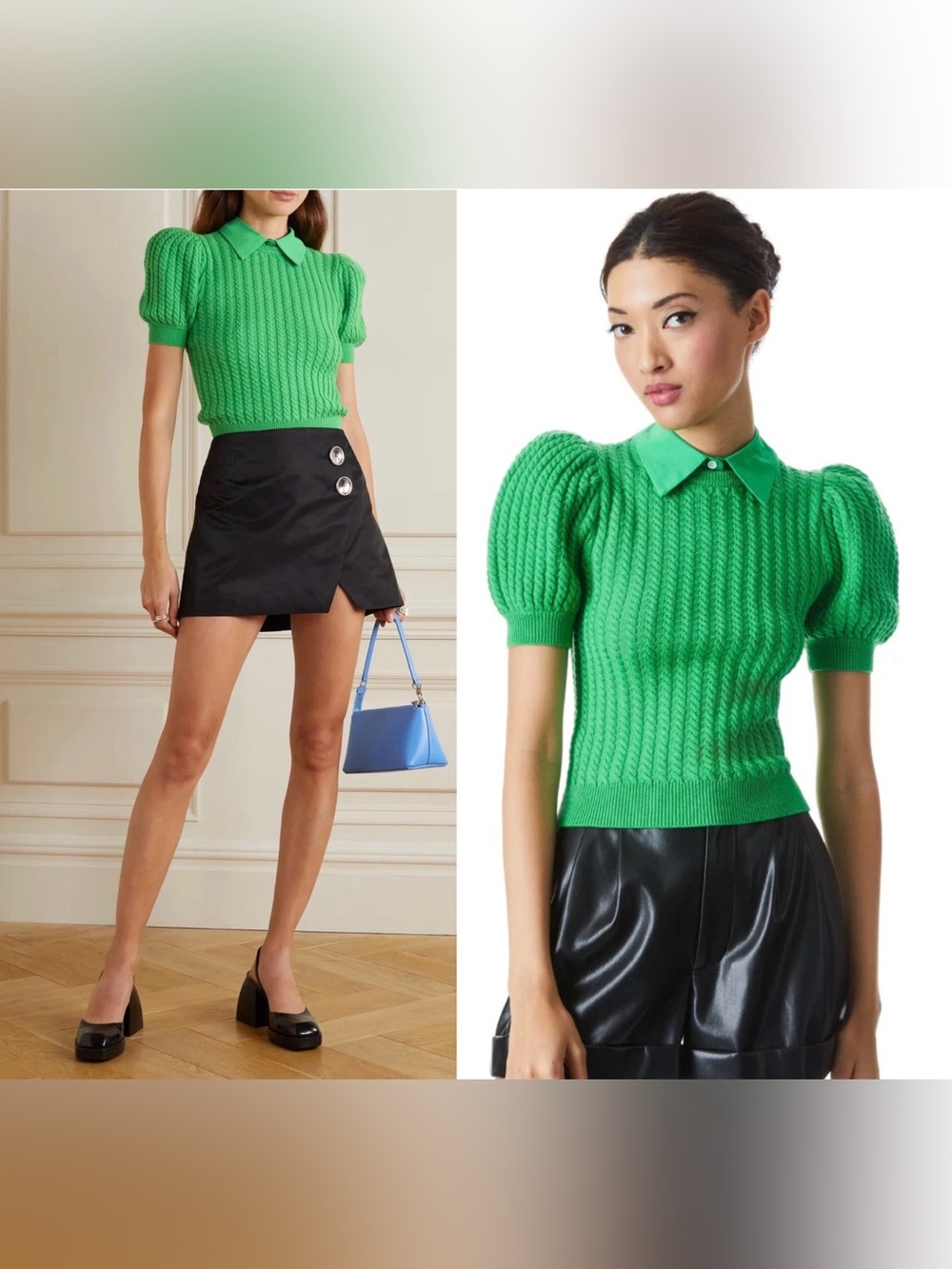 Brand NWOT Alice + Olivia Chase Cable Knit Puff Sleeve Sweater In Green. Size S - Picture 3 of 16